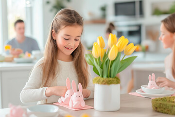 Smiling girl decorating pink bunny figurines at a spring brunch gathering
