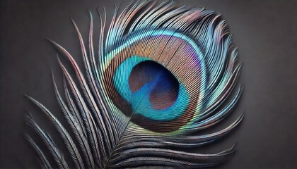 A full, macro view of a single irridescent feather from a male Congo Peafowl in a photorealism style.