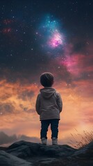 Fototapeta premium Small boy looking at the night sky, stars and galaxy 