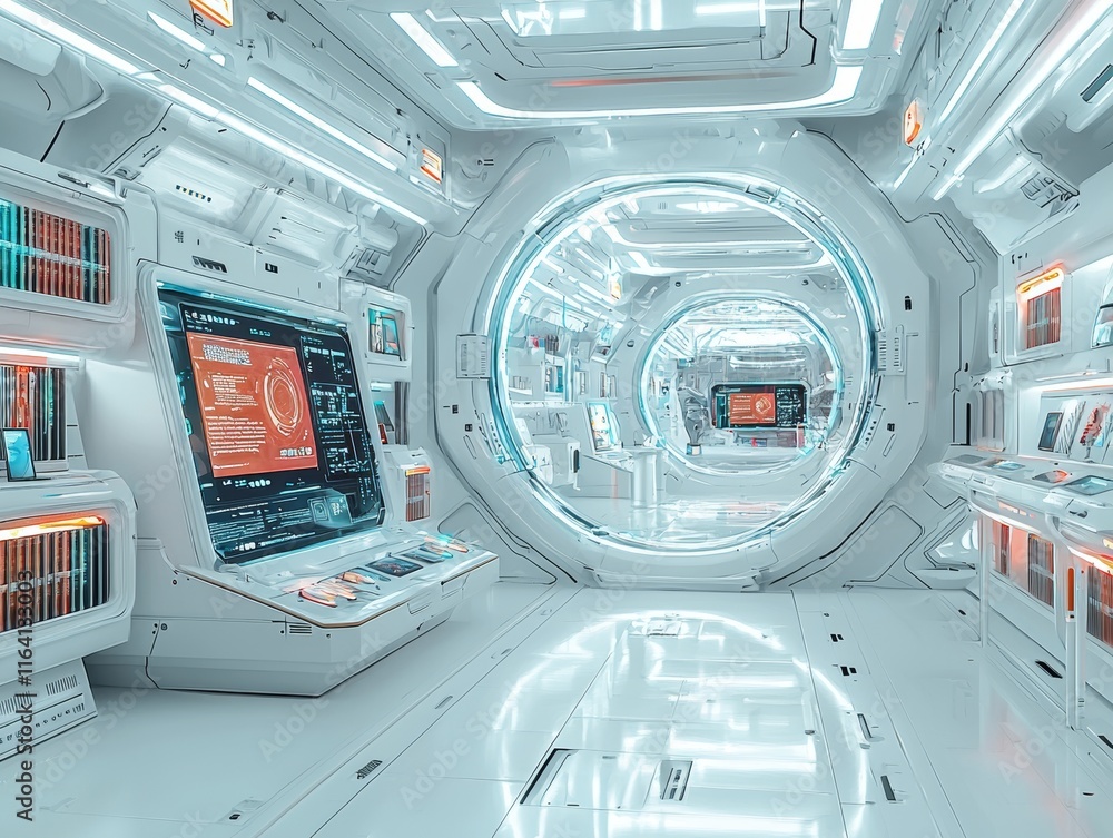 Aufkleber showcasing modern architecture and interactive content in a minimalist environment, the futuristic d