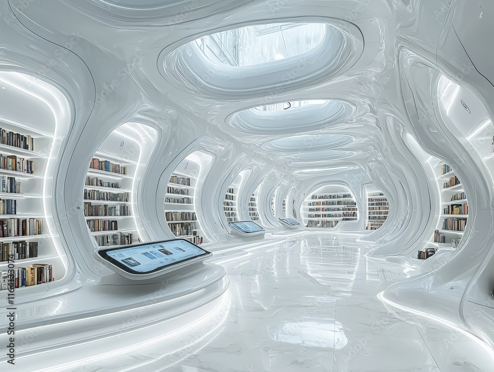 Poster futuristic digital library presents a showcase of modern architecture with interactive content in a 