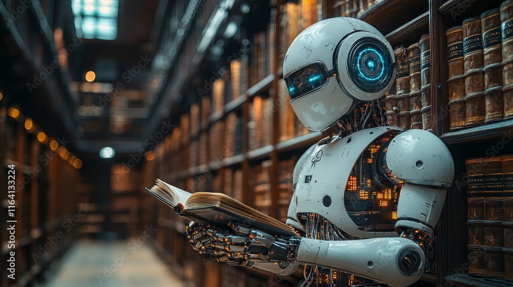 Poster a humanoid robot is reading a book in a library, enveloped by rows of ancient tomes