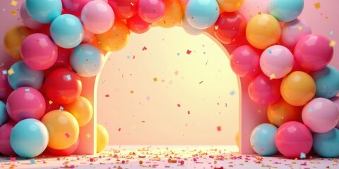 A celebratory archway of pastel balloons and confetti, perfect for a joyous event or festive backdrop