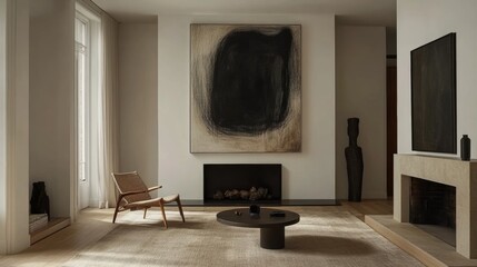 Modern Minimalist Living Room Interior with Abstract Art and Fireplace