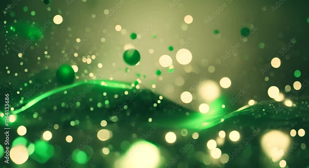 Poster dark green abstract background with moving particles and bokeh 4k