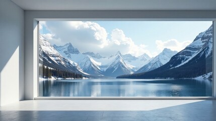 Serene Minimalist Interior Showcasing a Breathtaking Panoramic View of a Snow-Capped Mountain Range Reflecting on a Tranquil Lake