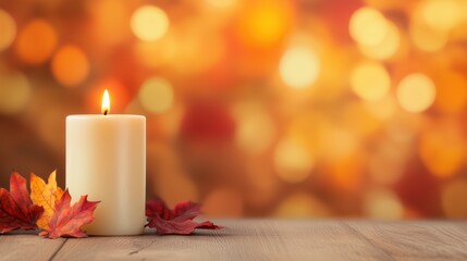 Thanksgiving Dinner Party Invitation with Candle Light on Rustic Table Featuring Autumn Leaves and Warm Bokeh Background for Seasonal Celebration and Autumnal Decor Inspiration