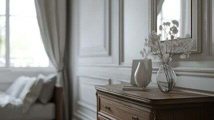 Serene Bedroom Interior: Minimalist Elegance with White Flowers