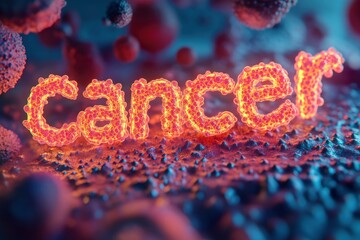the word "cancer" is spelled out in microscopic cells as if seen through a microscope. very detailed, 4K resolution. 3D render.