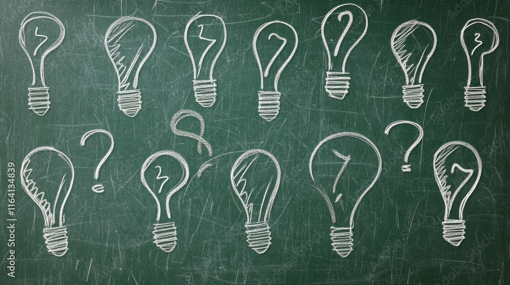 Poster light bulbs with question marks on chalkboard background