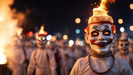 Celebration with traditional masks and fire during night festival festivities