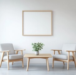 Fototapeta premium Minimalist Living Room Interior with Empty Frame and Wooden Chairs
