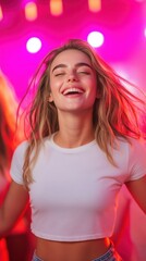 Naklejka premium Woman Laughing and Dancing at Nightclub Party Celebration with Neon Lights and Joyful Atmosphere