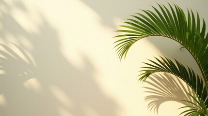 Serene Palm Fronds Cast Shadows on a Pale Wall, Creating a Peaceful and Elegant Natural Scene
