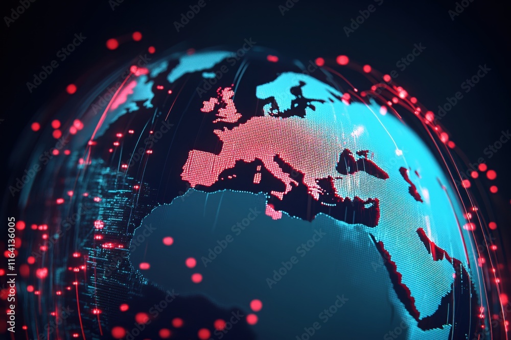Poster Digital globe visualization with data points and network connections across Europe and Asia