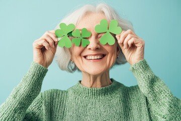 A cheerful elderly lady in a leprechaun hat with paper clovers for St. Patrick's Day on a blue backdrop