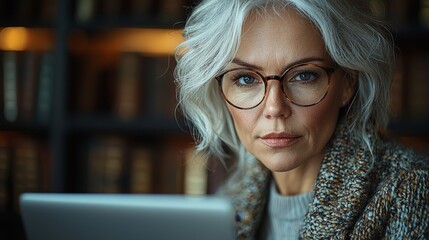 A focused woman is working on her laptop in a library setting