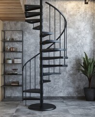 Modern Black Spiral Staircase with Integrated Shelves in Industrial Loft Interior