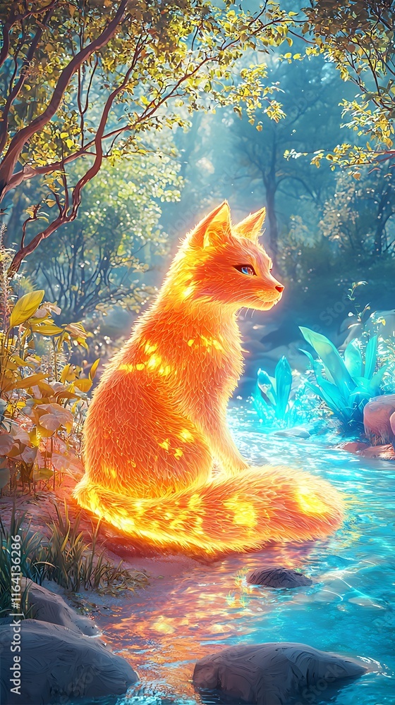 Poster enchanted forest fox with illuminated fur in a magical stream surrounded by vibrant flora and soft s