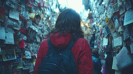 Obraz premium Person walking through a narrow corridor of notes.