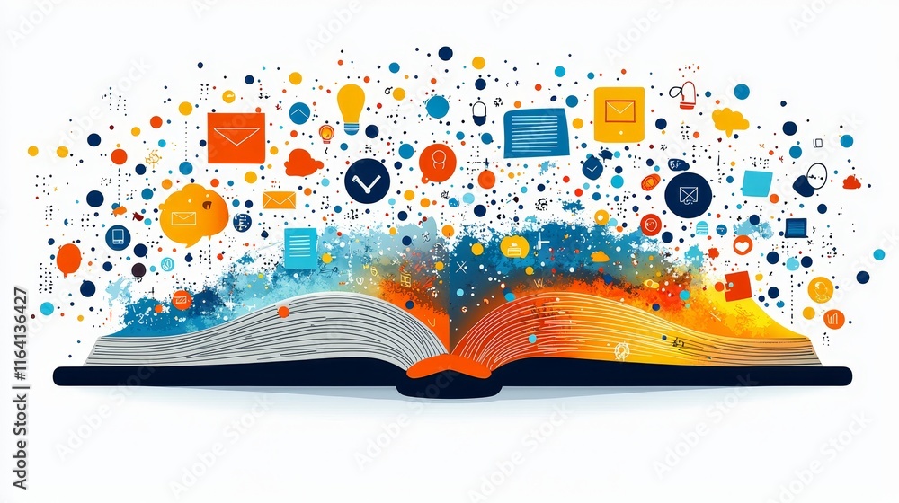 Poster an open book with symbols representing global communication and location