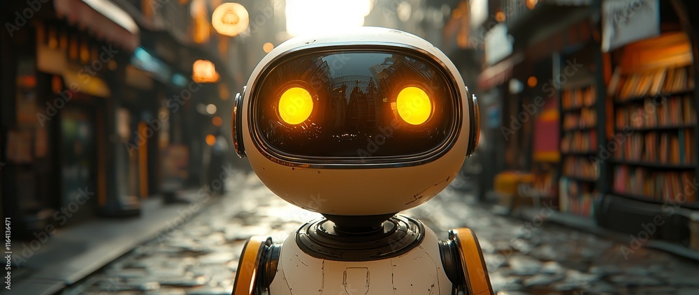 Poster a close-up of a learning humanoid robot situated in a modern library with the glow of stock lighting