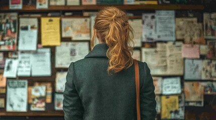 Woman observing a bulletin board filled with notices.