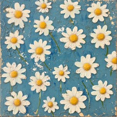 Textured Daisy Floral Painting on Blue Background