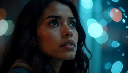 a young woman looking thoughtful and gazing upwards against a blurred background of blue and white lights, dreamy expression, Young woman daydreaming, created with generative ai