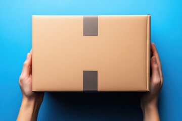 Fototapeta premium Expressive photo featuring hands and parcels on a blue surface.
