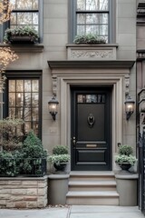 Beautiful brownstone entrance in an urban setting during autumn with lush greenery and elegant architectural details