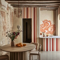 Modern Dining Room with Rustic Textures and Striped Walls