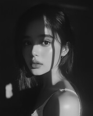 Mysterious Black and White Portrait of a Young Woman