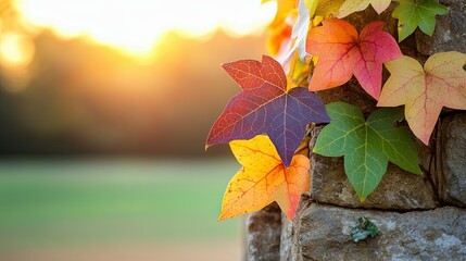 Obraz premium Historic Villages and Scenic Trails in the English Countryside, a macro photography close-up of colorful ivy leaves climbing a stone wall, illuminated softly by warm sunlight