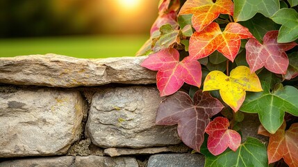 Historic Villages and Scenic Trails in the English Countryside, a macro photography close-up of colorful ivy leaves climbing a stone wall, illuminated softly by warm sunlight