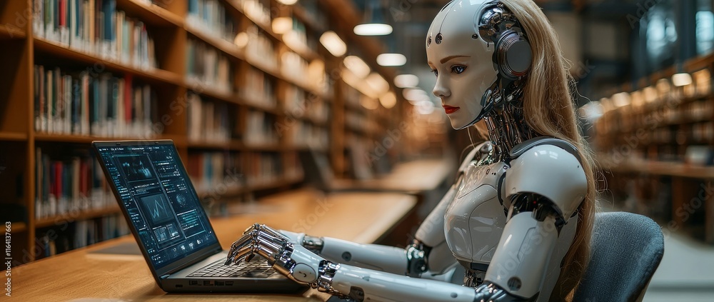 Aufkleber surrounded by stacks of ancient books, a robot is seen reading in the library