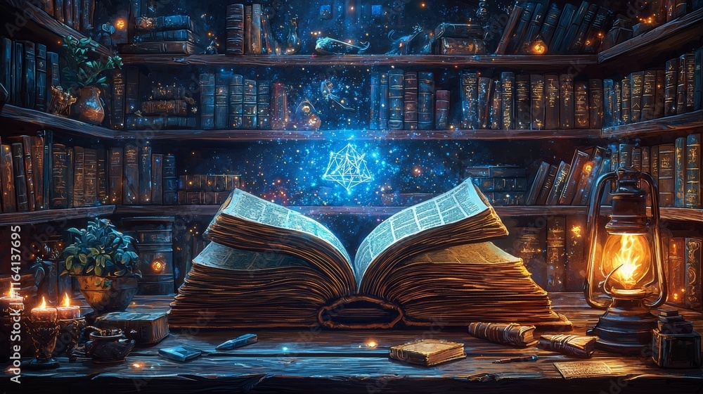 Poster above a wooden desk in a dimly lit library with rows of bookshelves, an open magic book with glowing