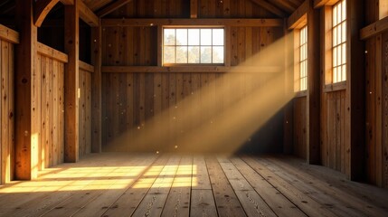 Golden Sunlight Illuminates Empty Rustic Wooden Barn Interior with Dust Motes Dancing in Beams