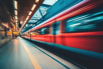 Fototapeta premium Vibrant red train in motion at the train station.
