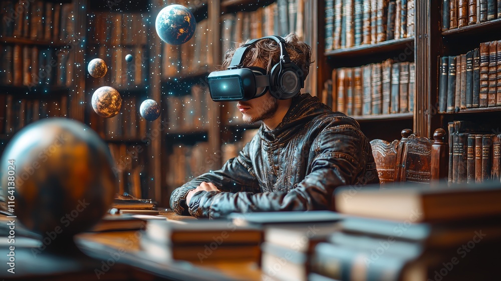 Poster exploring cosmic phenomena via virtual reality, a student in a library embraces modern educational c