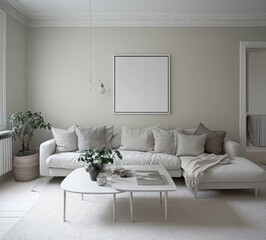 Modern Scandinavian Living Room Interior with Grey Sofa and White Coffee Table