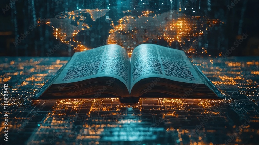 Poster when an open book symbolizes knowledge, a world map emphasizes global interactions and learning chan
