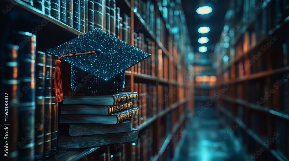 Poster digital graduation cap hovering over a stack of books in a nostalgic library environment, bathed in 