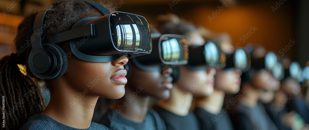 Poster students at library desks explore interactive metaverse learning environments using virtual reality 
