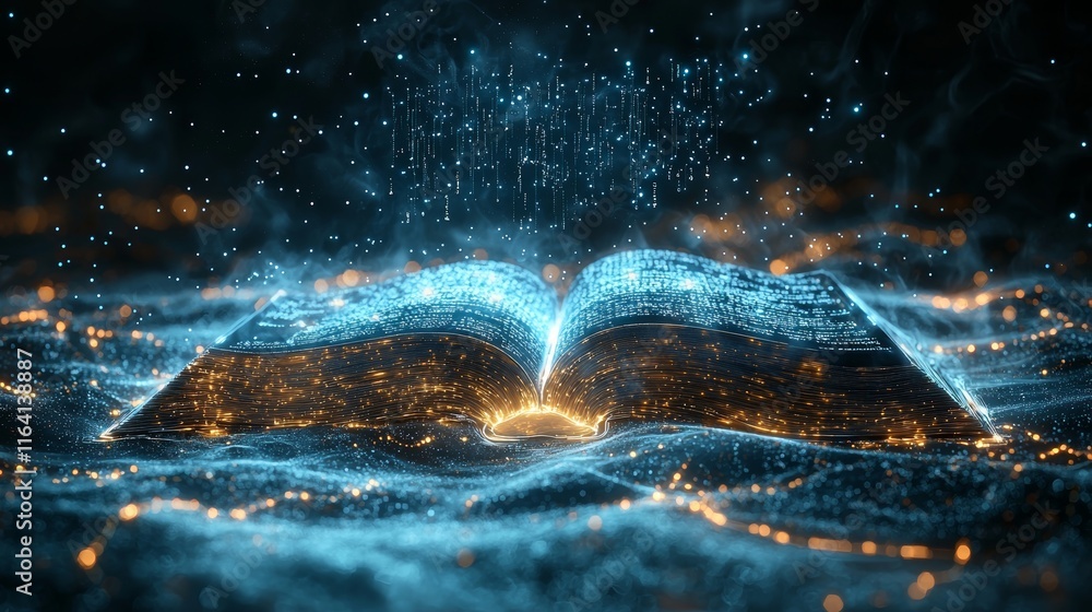 Poster a shimmering data stream arising from an ancient text - stock 3d visual