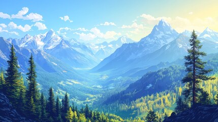 Fototapeta premium Majestic mountain range with valley and pine trees under a sunny sky.