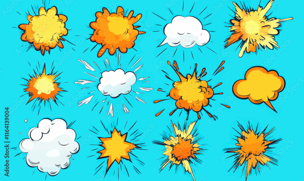 Poster dynamic comic explosion and speech bubble vector set in minimalist style for graphic projects