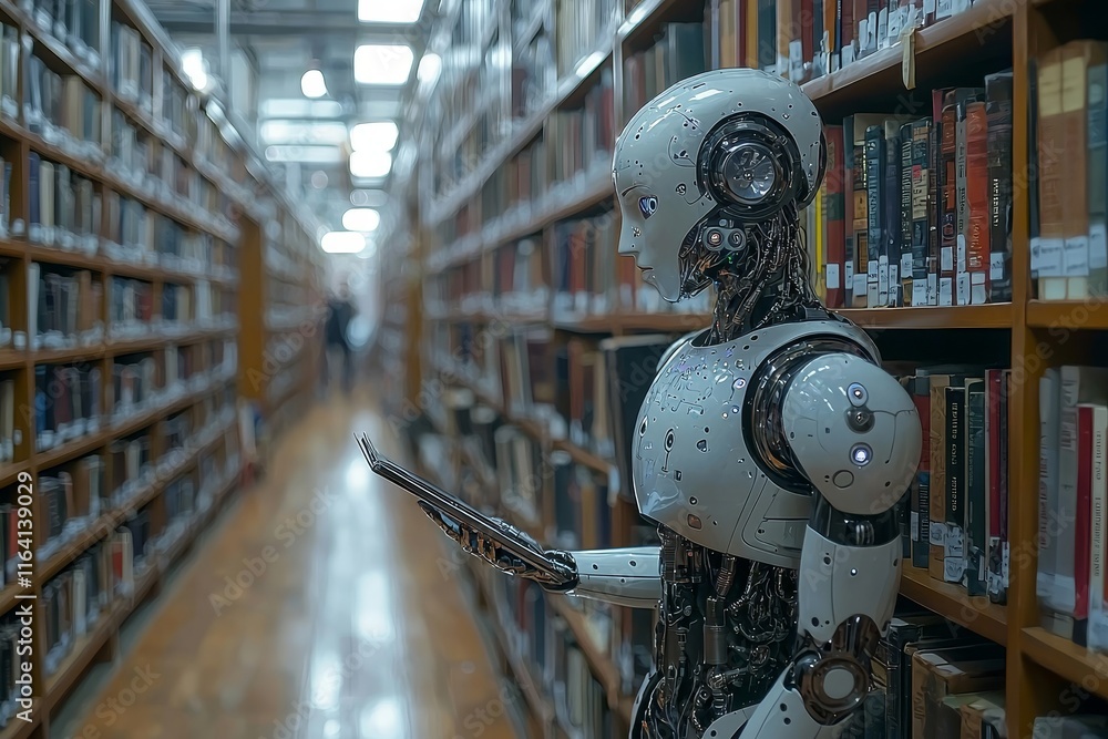 Aufkleber futuristic ai robot placed in a tranquil library, amidst books and wisdom, highlighting advanced tec