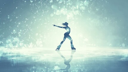 Naklejka premium Ice skater silhouette on frozen lake with snowfall.