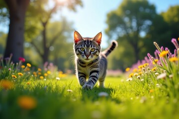 American Shorthair kitten strolls playfully through sunlit meadow with blooming wildflowers adorable feline walking in a scenic grassy field